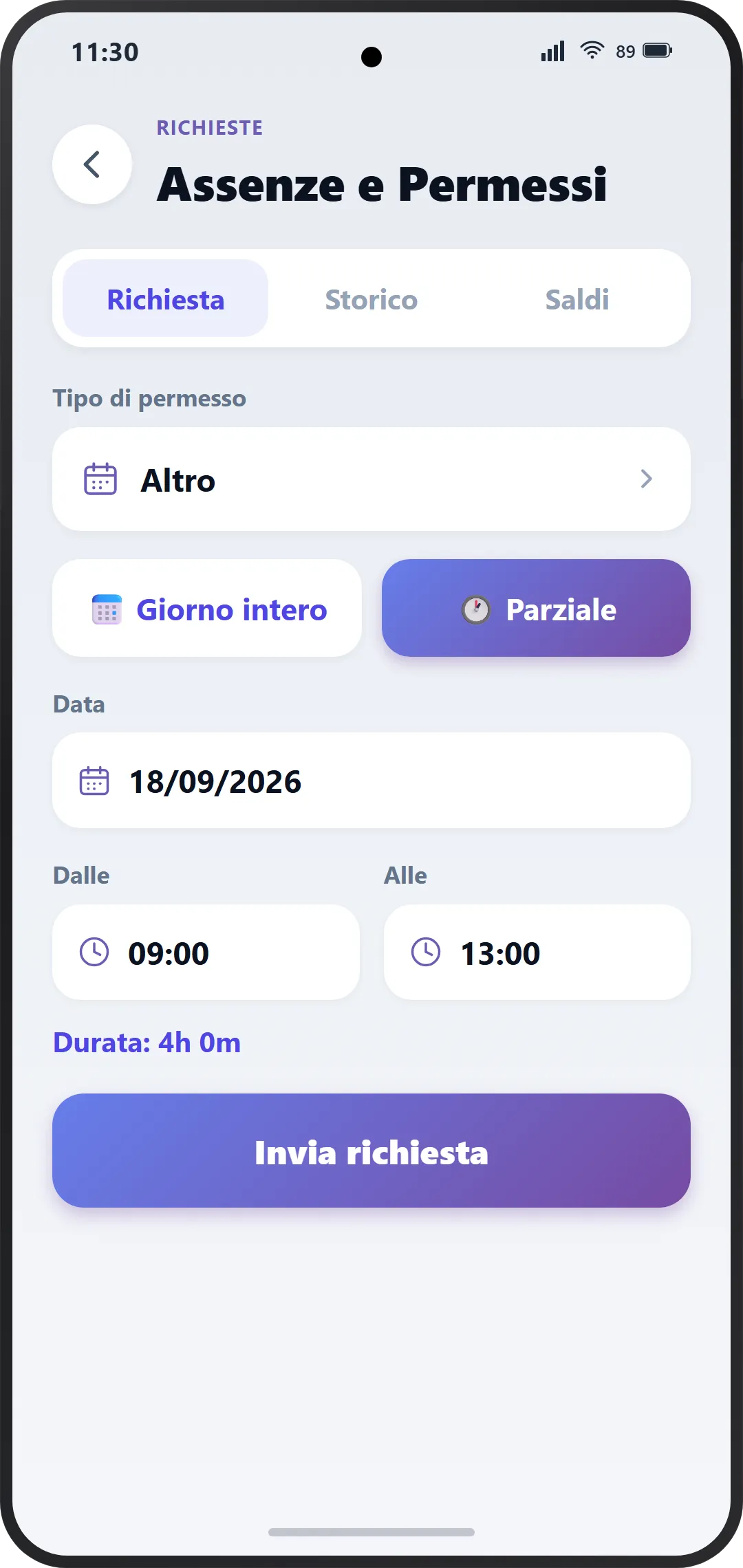 Richiesta di permesso nell'app KiaroTime